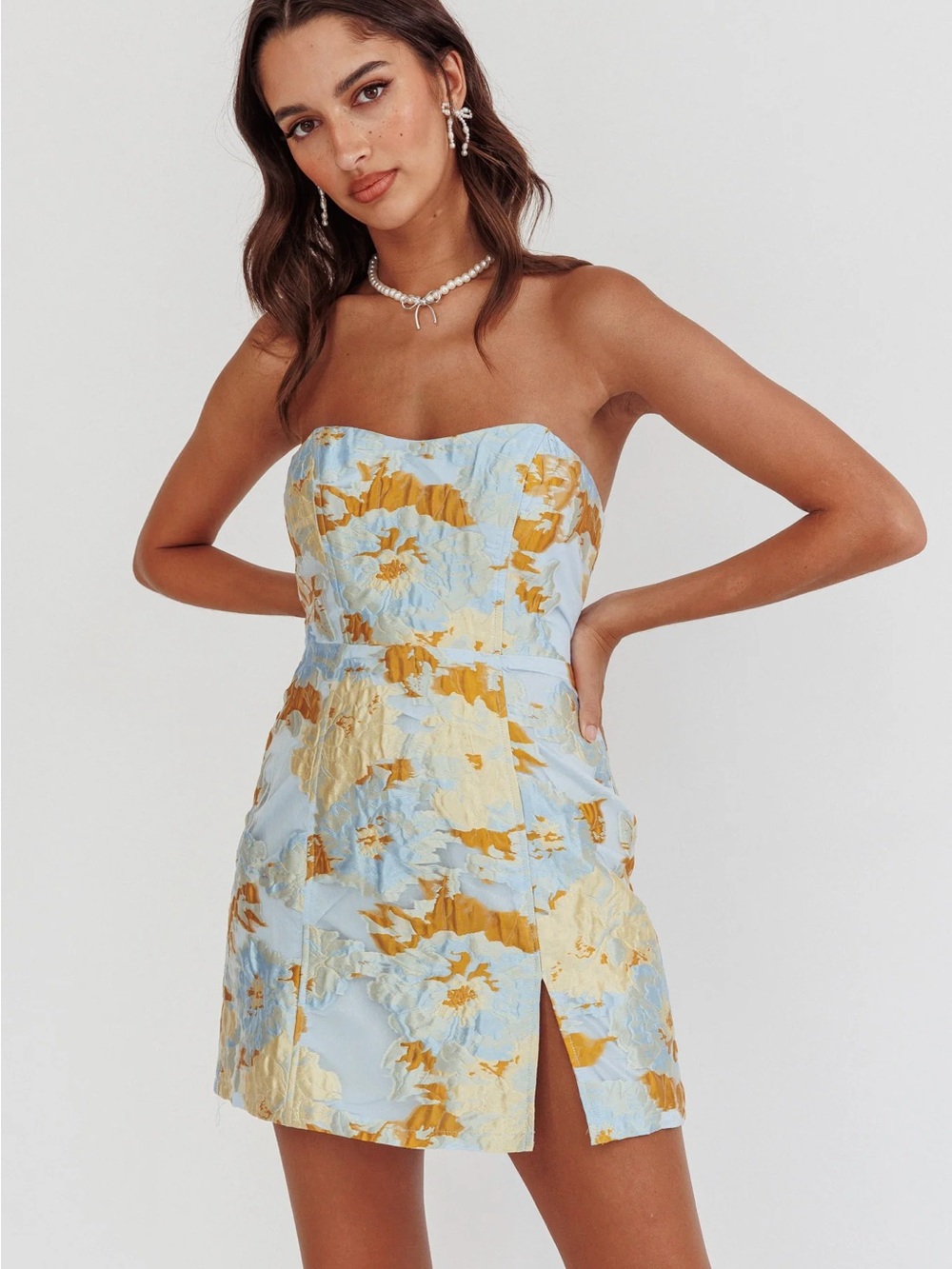 Selfie Leslie Strapless Floral Jacquard Mini Dress in Light Blue and Gold